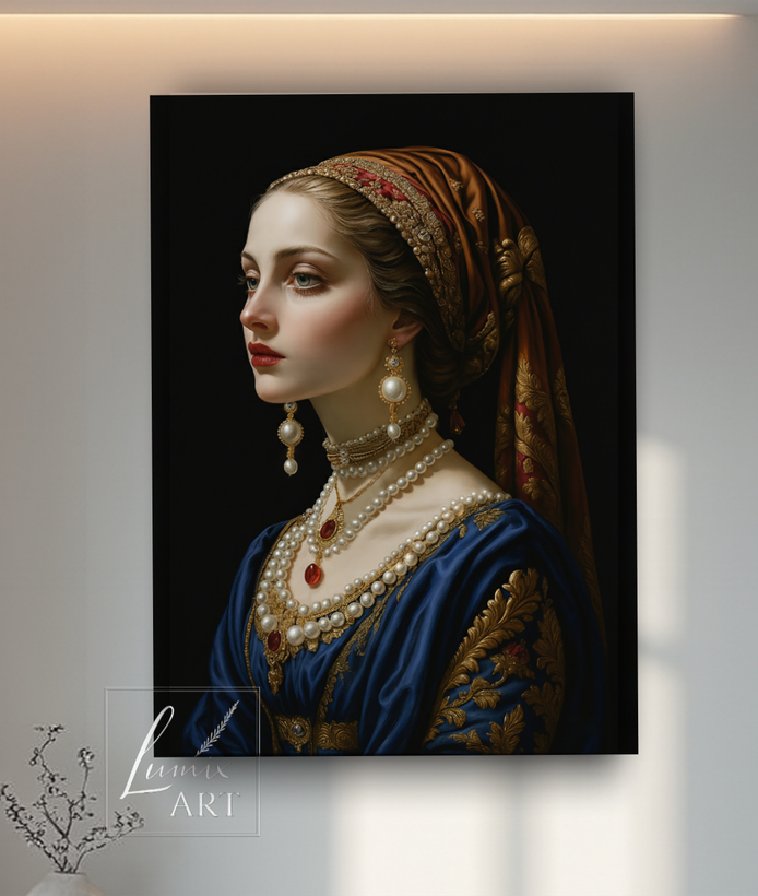 ارسال فوری خرید فوری تابلو دکوراتیو میکس مدیا زن قدیمی کلاسیک با جواهرات مرواریدی