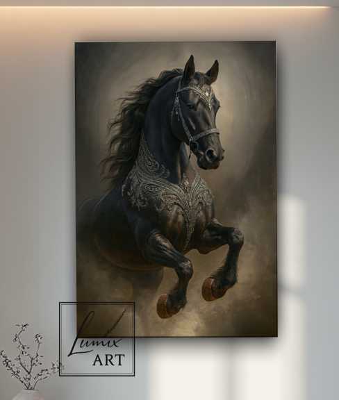 تابلو دکوراتیو میکس مدیا جواهر نشان مدل بلک هورس