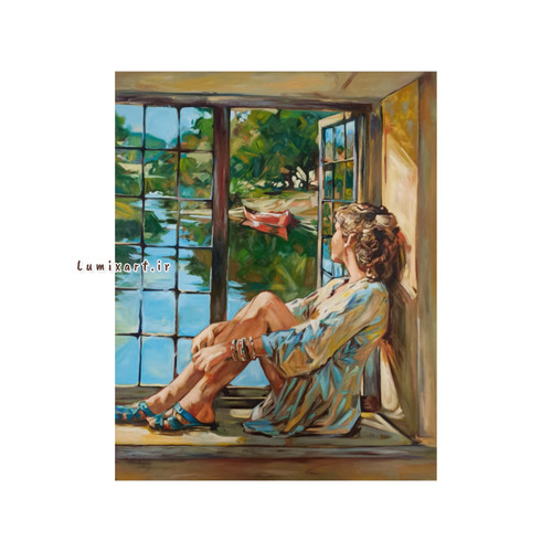 تابلو نقاشی دختر لب پنجره طبیعت منتظر