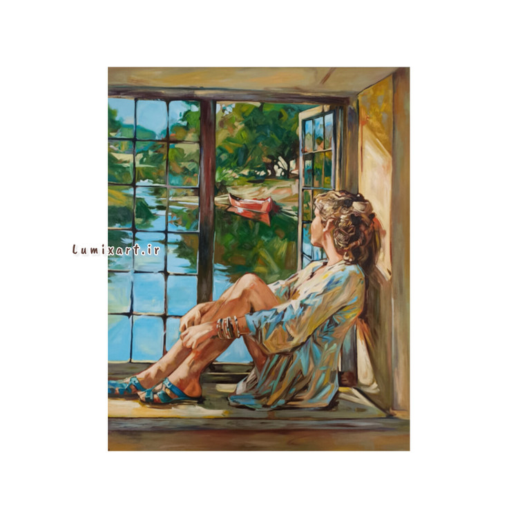 تابلو نقاشی دختر لب پنجره طبیعت منتظر